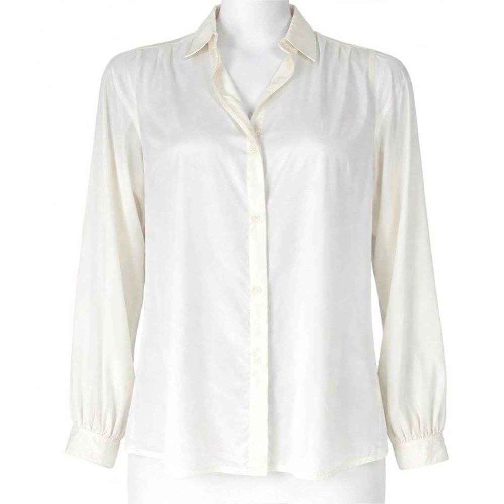 Halston III Ivory Silky Satin Button Down Blouse Career Chic Minimal Sz 10